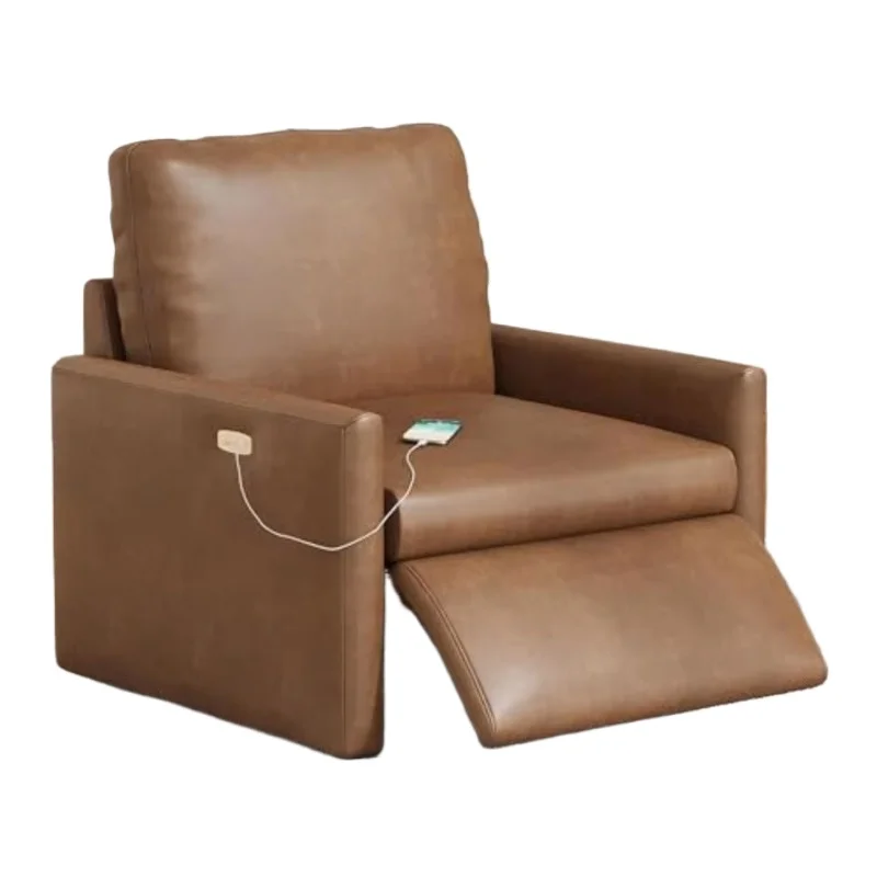 Brown leather single recliner sofa with charging port for living room use