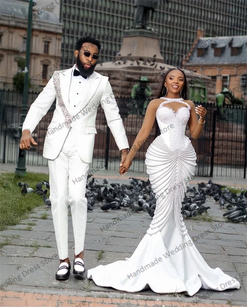 

White Pearls Wedding Dress Sexy Sheer Neck Luxury Mermaid Long Bridal Gown Customized Beach Garden Church Long Robe