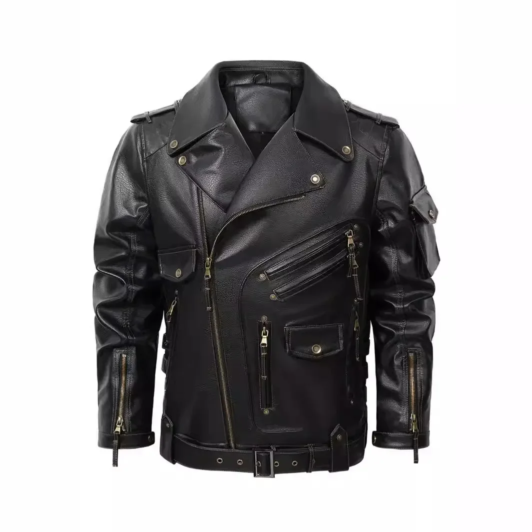 

Male Punk PU Leather Jacket Motorcycle Lapel Zipper Trend Slim Leather Jacket Men's Zipper Cardigan PU Leather Jacket JJ608