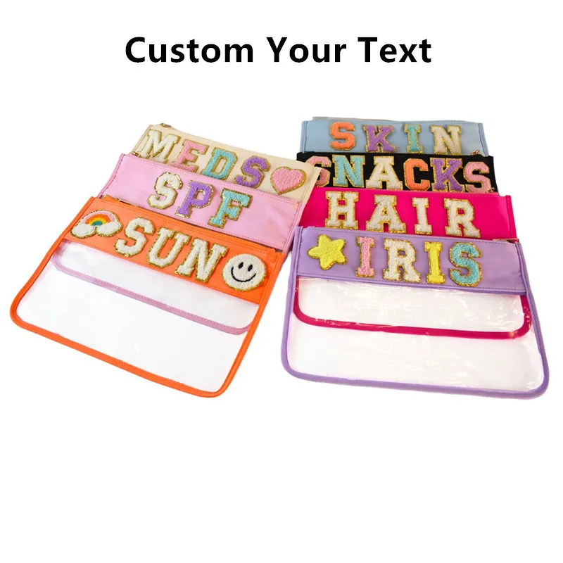 Customized Clear Pouch Bag with Custom Chenille Patches Varsity chenille letters and patches custom clear pouch