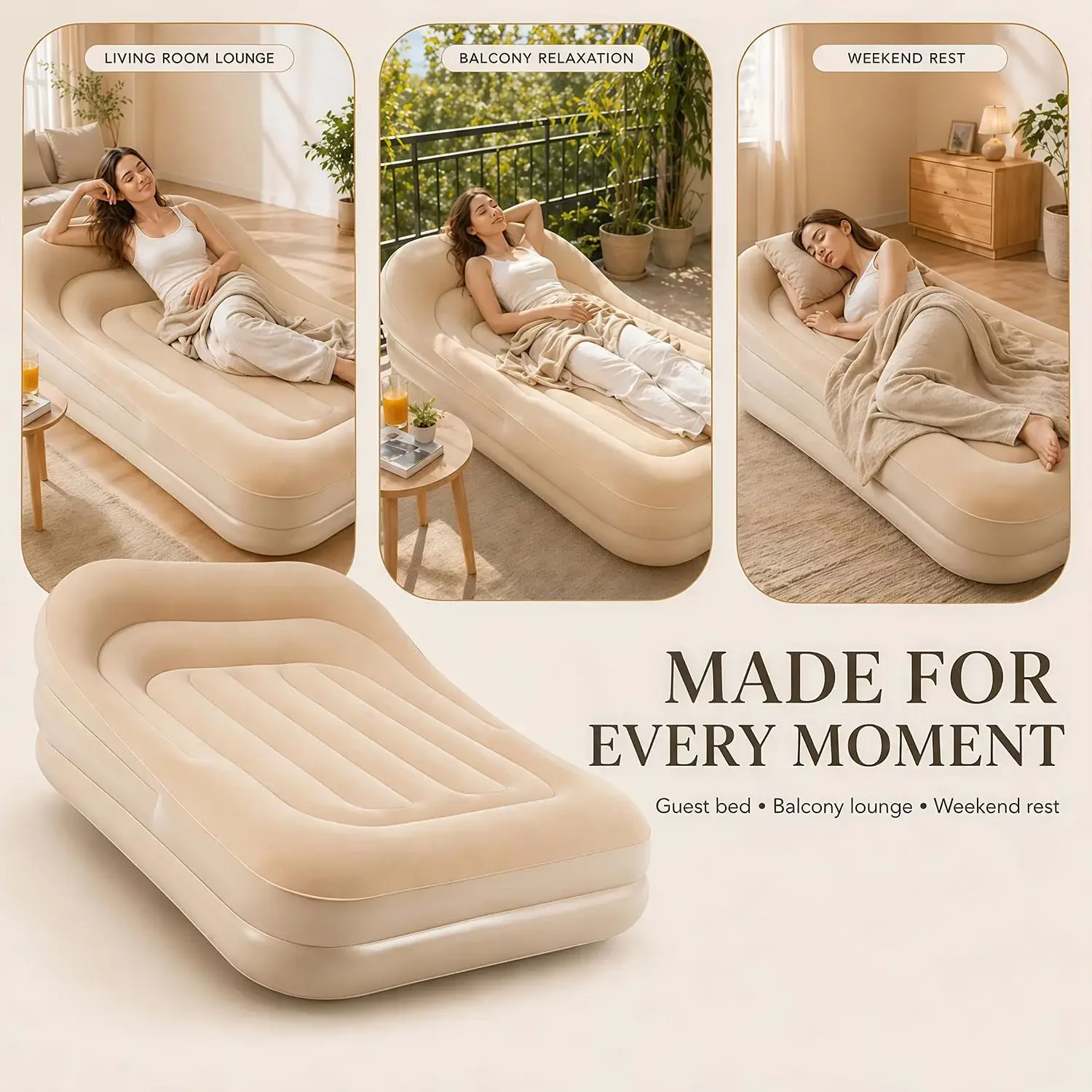 3-In-1 Convertible Sleeper Sofa Bed Heavy Duty Flocked Inflatable Air Couch Built-in Backrest Waterproof Foldable Mattress Portable Furniture with Air Pump for Indoor Bedroom Living - view 7
