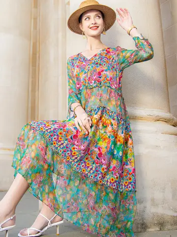 고품질 여름 2023 비치 Boho 빈티지 프린트 쉬폰 V 넥 드레스 우아한 파티 가운 디자이너 Vestidos Loose Midi Dresses