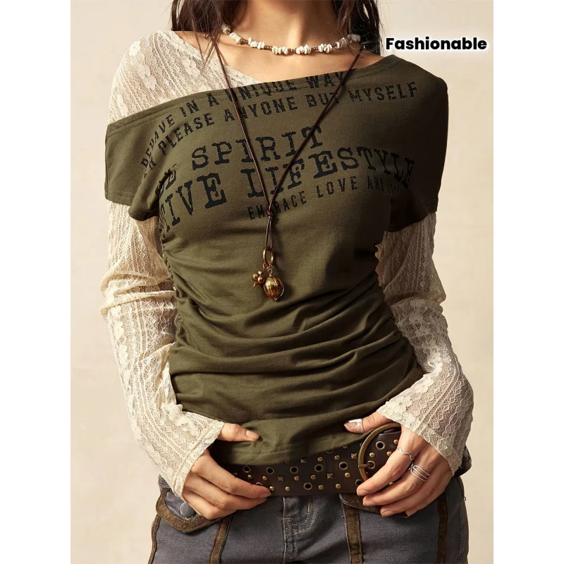 

Two Pieces of Long-Sleeved Faux Tops with a Fashionable New Letter-Printed Lace Design Women