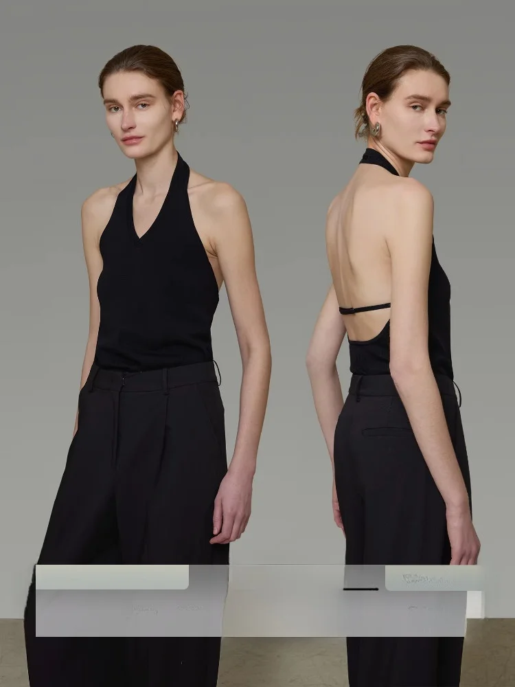 

Элегантный черный топ с открытой спиной для женщин, облегающий, из нейлонового волокна, универсальный, для повседневной носки, летняя верхняя одежда