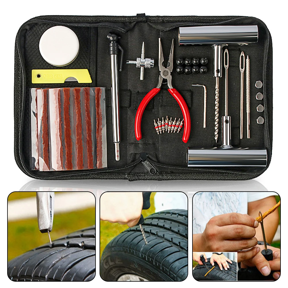 

Newest 46pcs Car Tire Repair Tool Kit Tubeless Tyre Puncture Repair Kit, Studding Tool Set Direct Replacement Car Accessories