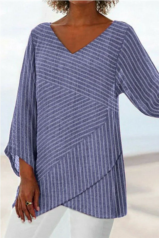 Plus Size Casual Striped Print V Neck Asymmetric Hem Blouse