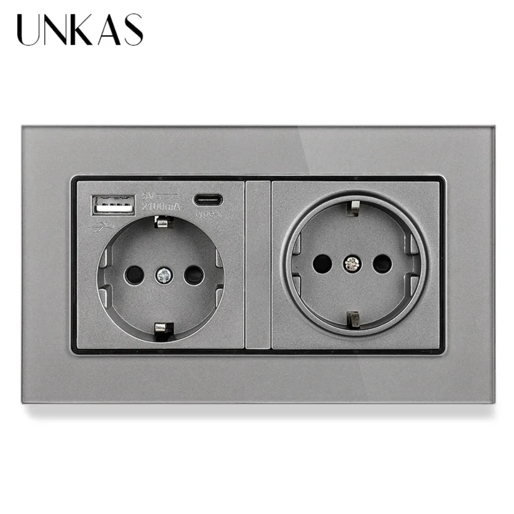 2 Gang EU Standard Wall Socket Luxury Crystal Glass Panel with USB Type-c Charge Port Hidden Soft LED Indicator 146 * 86 MM