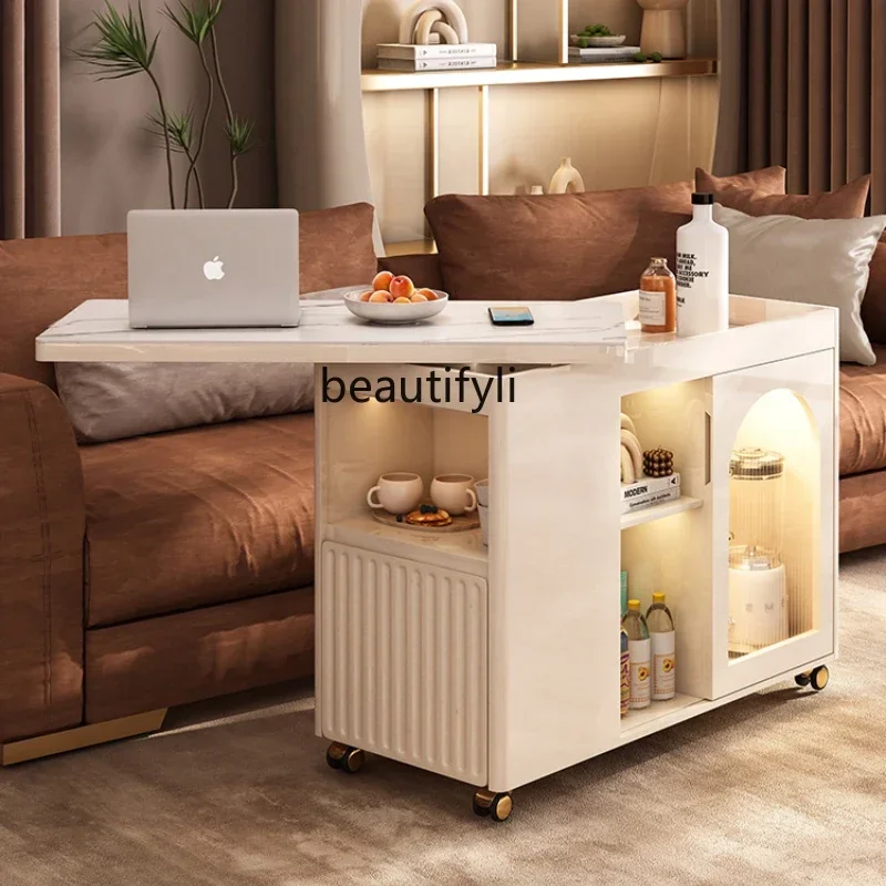 

Sofa Side Table Stone Plate Multi-Functional Side Cabinet Cream Style Advanced Household Corner Table Rotation