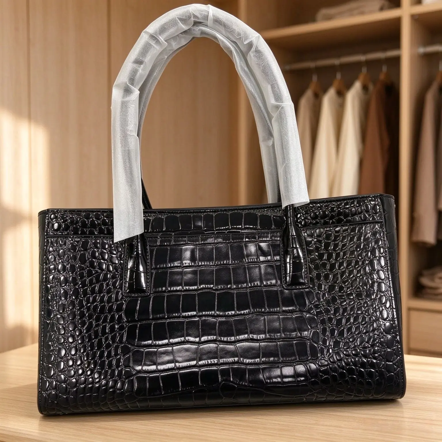 Women Crocodile Pattern PU Tote Handbag, Black Glossy Large Capacity Top Handle Shoulder Bag