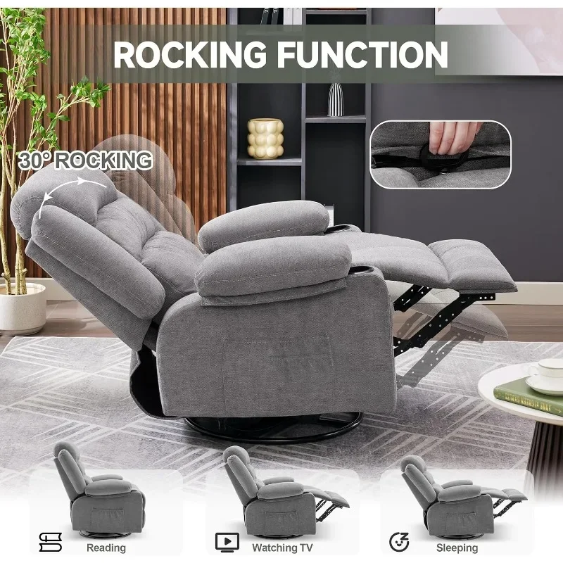 Heat and Massage, 360° Swivel Recliner Chairs for Adults, Oversized Recliner Single Sofa Seat with Cup Holders