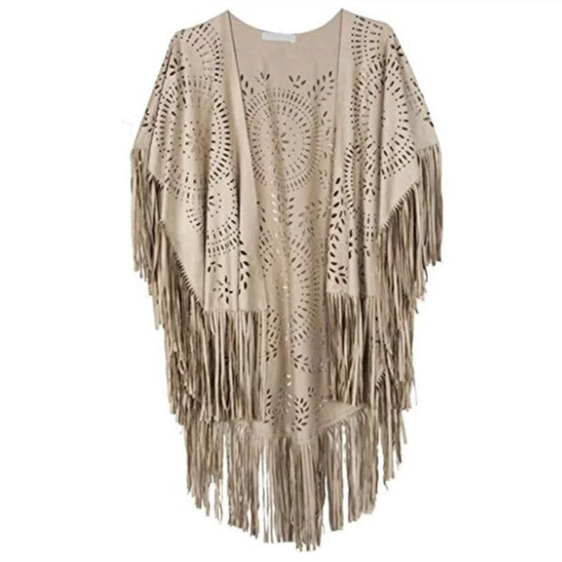 Camel Suede Floral Hollow Out Fringe Tassel Shawl Women Vintage Capes Ponchos Autumn Bohemian Cardigan Cloak Boho Capes