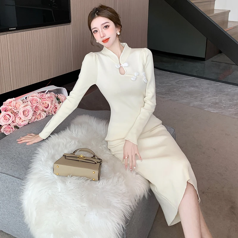 

New Chinese Sle Knitted Wrap Dr Women's Autumn Winter High Waist A-Line Skirt Ele Base Layer Long Skirt