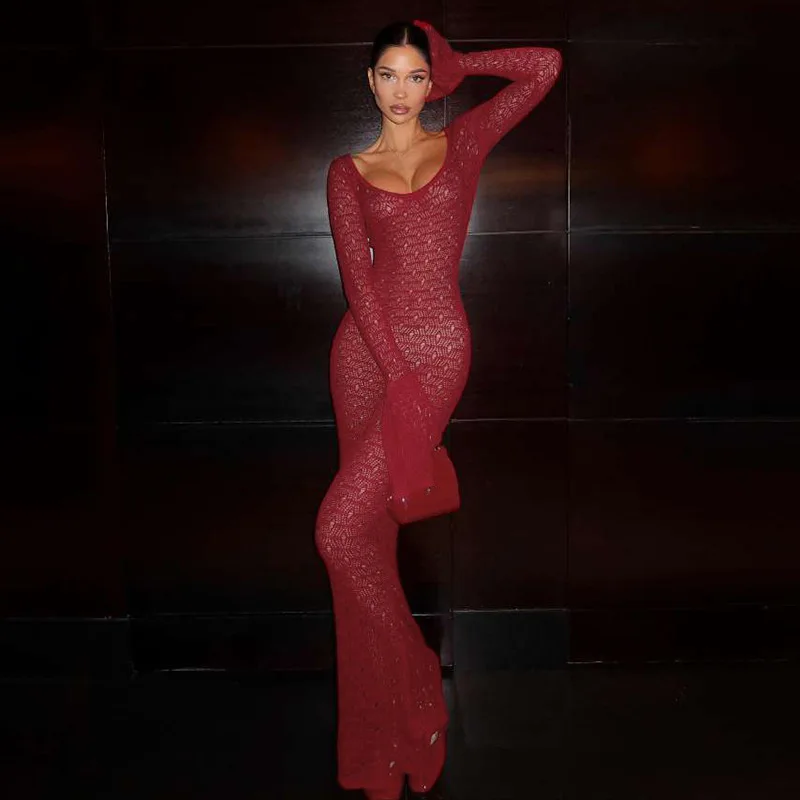 

Knit Mermaid Prom Dress Full Sleeves Sexy Hollow Burgundy Long Formal Wedding Guest Robes Holiday Beach Casual Party Bridal Gown
