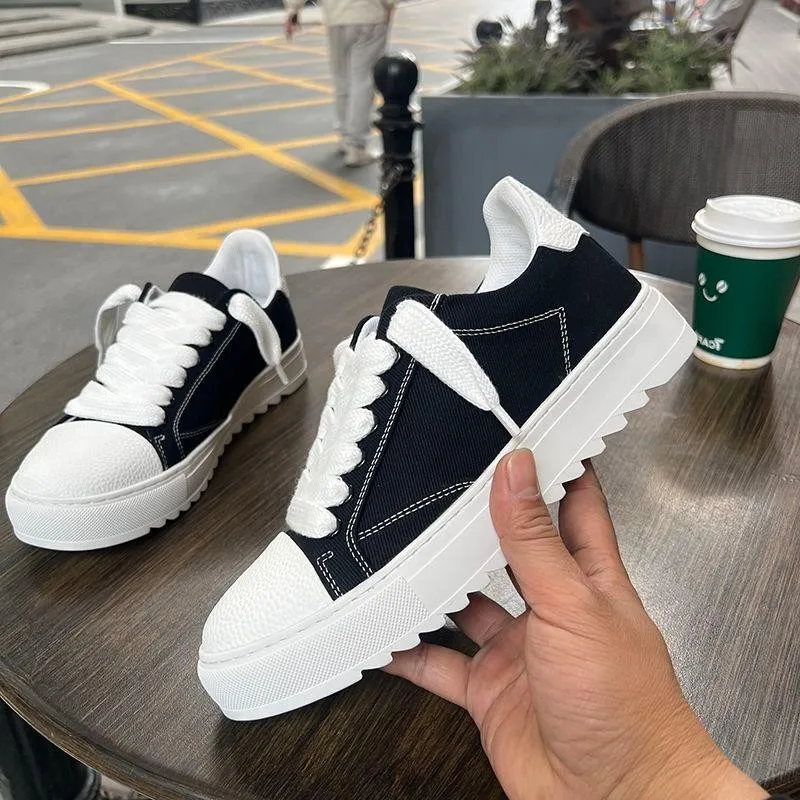 Low Top Fashion Trend Versatile Canvas Shoes For Men Denim Platform Height Increasing Sports Skate Footwear