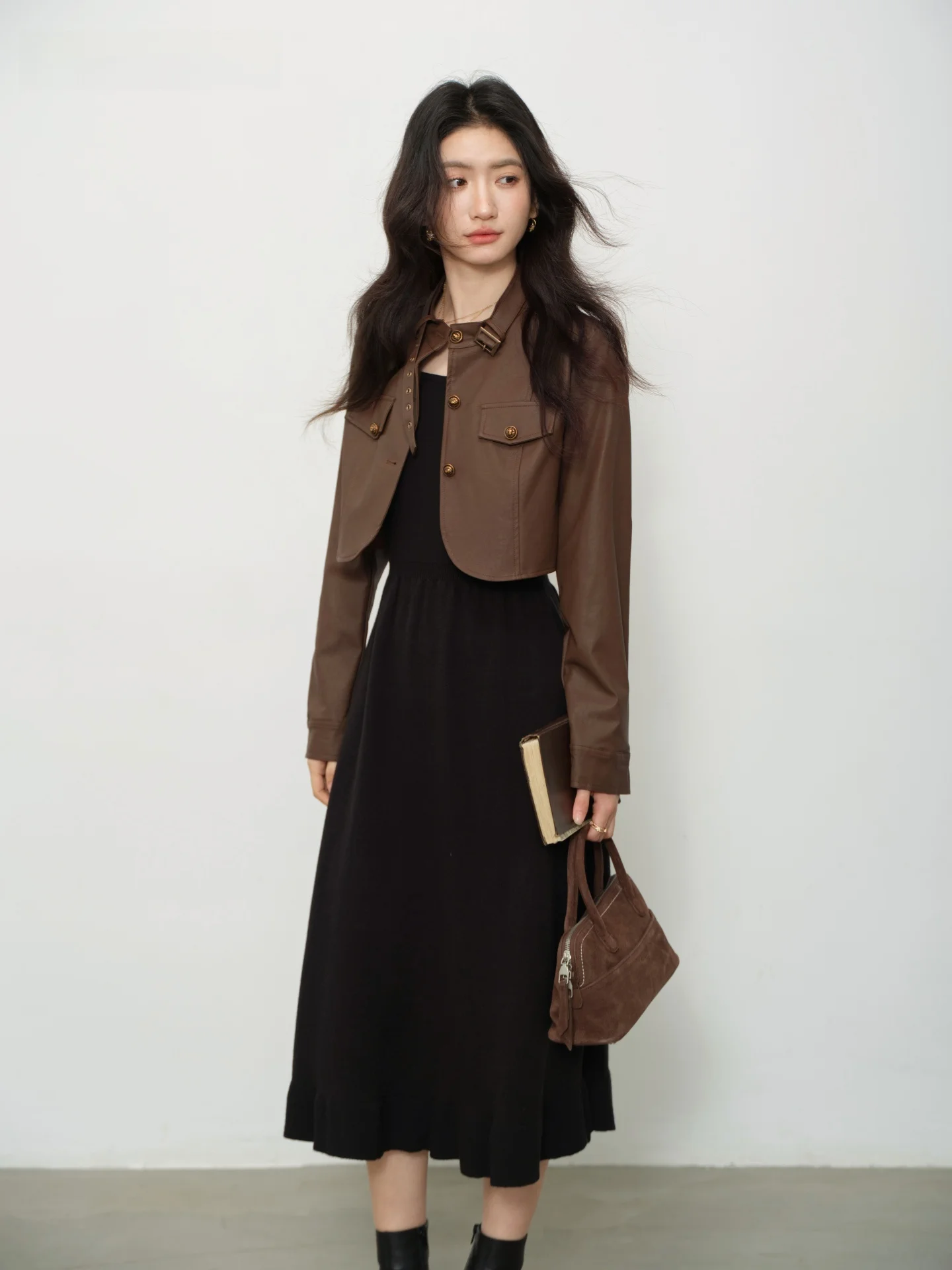 Ele marron ort col montant en cuir Jaet femmes Faion vêtements d'extérieur automne hiver nouveauté Vintage journal Sle