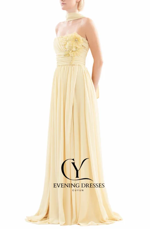 CUYUN فساتين حفلة موسيقية طويلة من الشيفون الأصفر الفاخرة مزينة بالزهور فستان سهرة رسمي مخصص مع وشاح فساتين زفاف الضيوف
