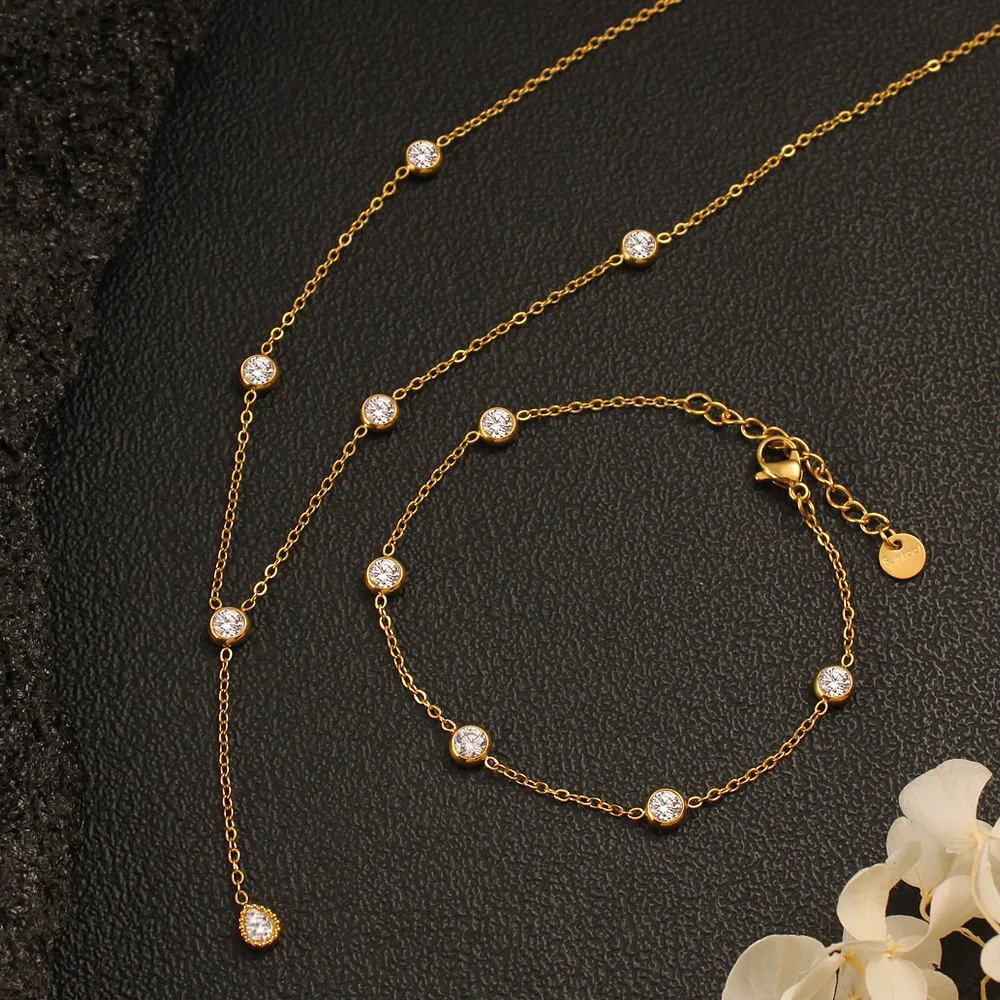 Minimalist Simple Cubic Zirconia Inlaid Chain Jewelry Set Women Couple Chic Stainless Steel Bracelet Necklace Daily Wear