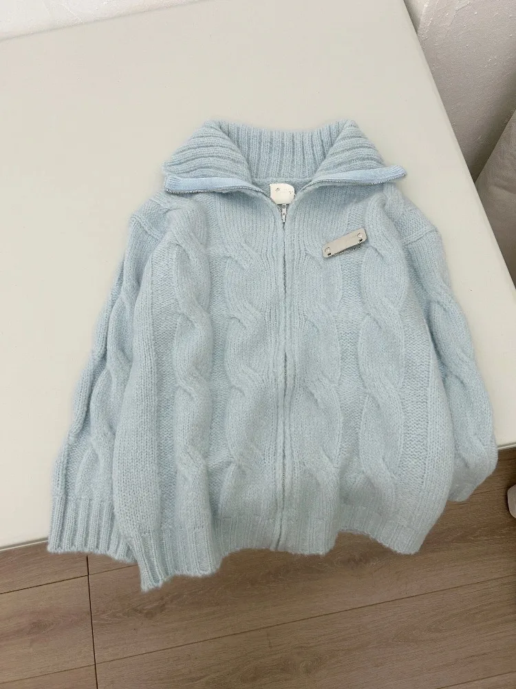 

Women American Retro Blue Knitted Sweater Autumn Winter Casual Solid Y2k Cardigan Coat Ladies Sweet Fashion Outwear Tops New
