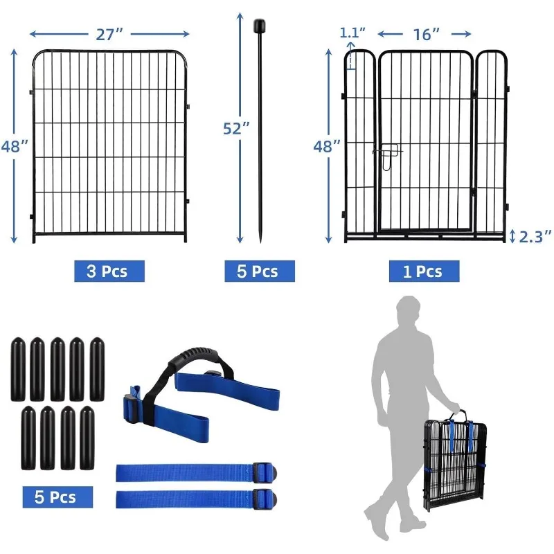 Tall Garden Fence with Gate, 48 in(H) 4 Panels Heavy Duty Iron Metal Fencing Border, Indoor or Outdoor Dog Playpen, Animal