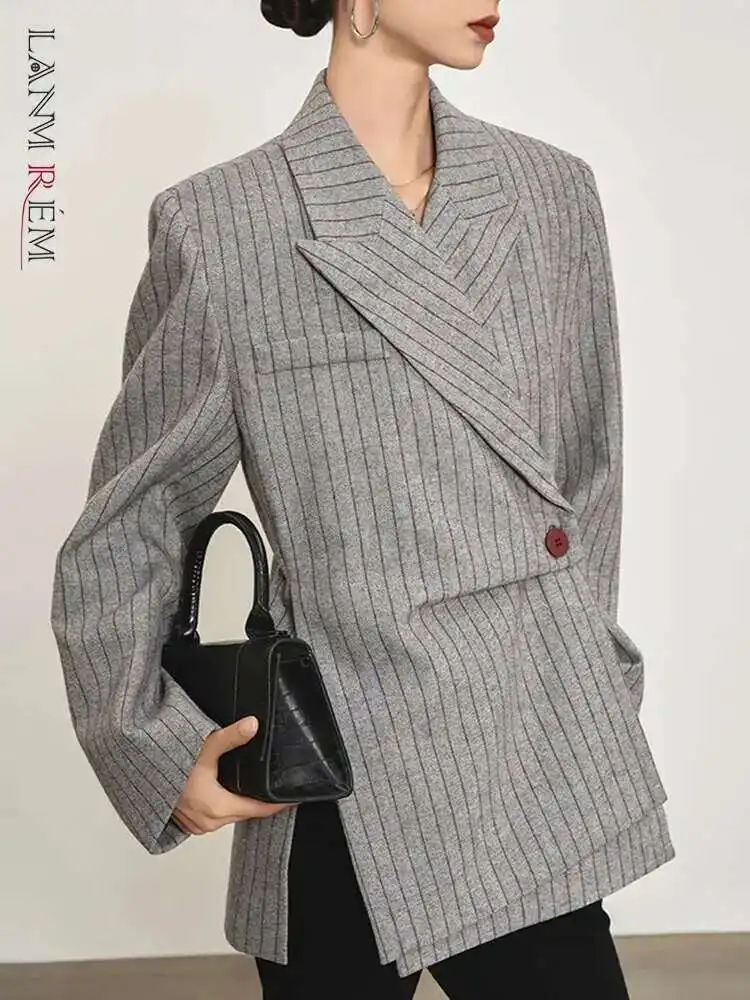 

Senior Fashion Stripe Printed Asymmetric Blazers Women's Notched LongSleeve Gathered Waist Jackets 2025 Spring Newest outerwears