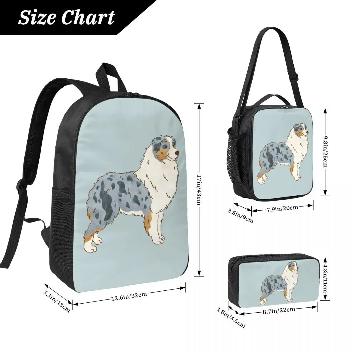 Australian Shepherd Aussie Dog Backpack Boys Girls BookBag School Bag Laptop Shoulder Bags 3ps Insulated Lunch Bag Pencil Case