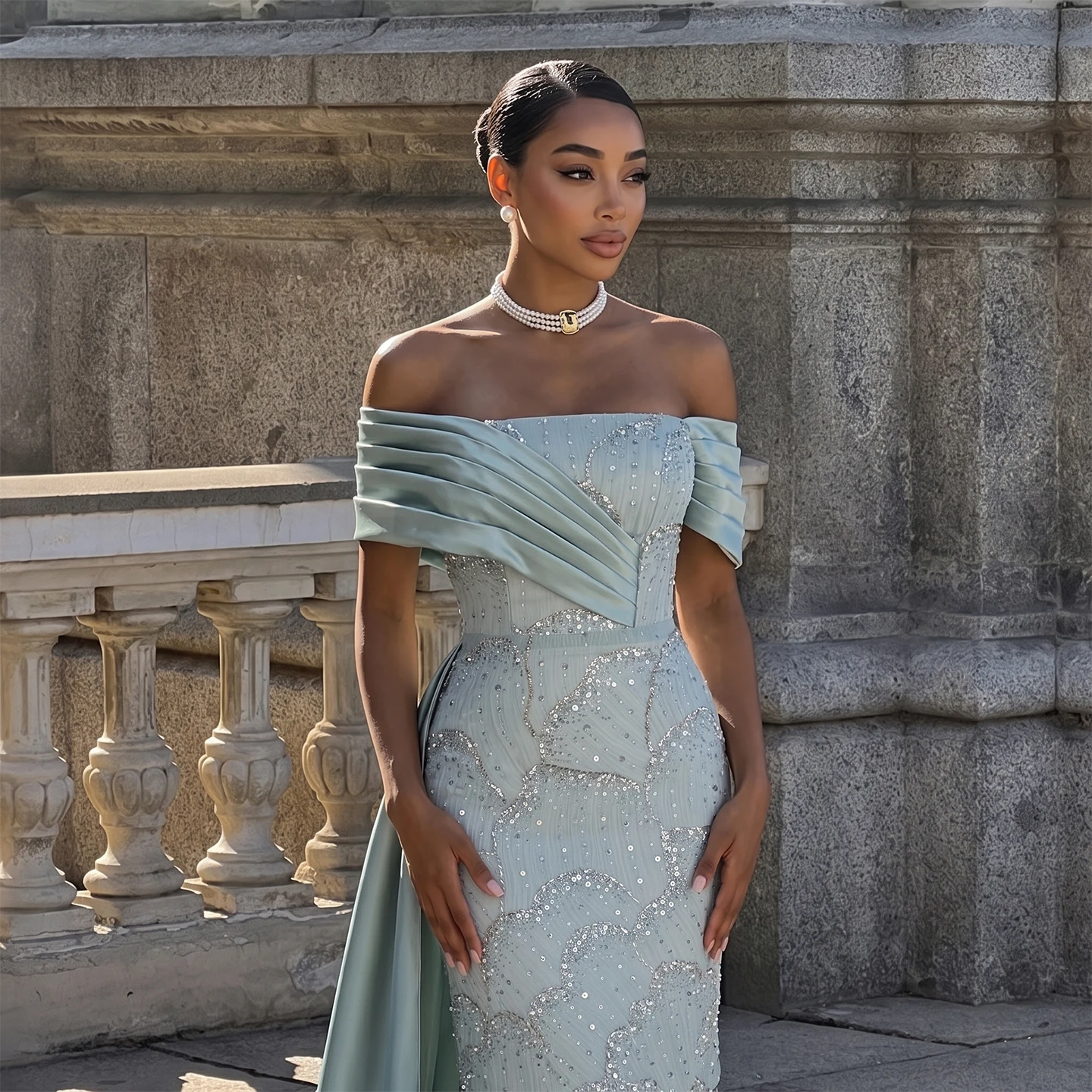 Sharon Said Abendkleid Glamouröses Grünes Perlen-Quastenkleid Schulterfreies Hochzeitskleid Luxuriöses Dubai Formelles Partykleid SS670 Maßanfertigung – Detail 6