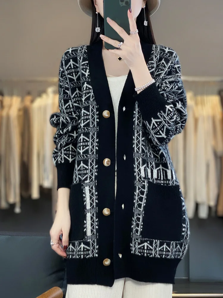 Aliselect 100% Merino Wool Women's Cardigan Autumn Winter High Quality Soft V-neck Sweater Knitwear Fashion Female Mid-Long Coat