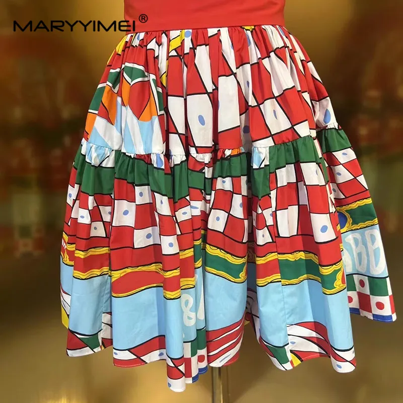 MARYYIMEI Summer Cotton Skirts Suit Women\'s Short top+Classic Sicilian seaside vacation Print Short skirt Cotton 2 Pieces Set