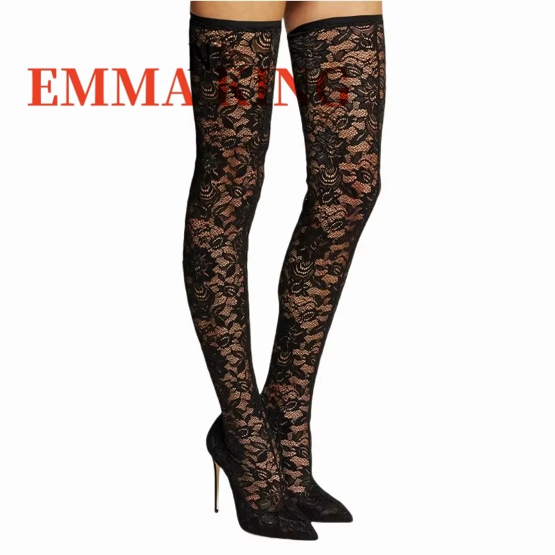 النساء الأسود الدانتيل الفخذ أحذية عالية مثير أشار تو عالية كعب ستيليتو فوق الركبة التمهيد موضة الانزلاق على السيدات عالية الكعب بوتاس #2