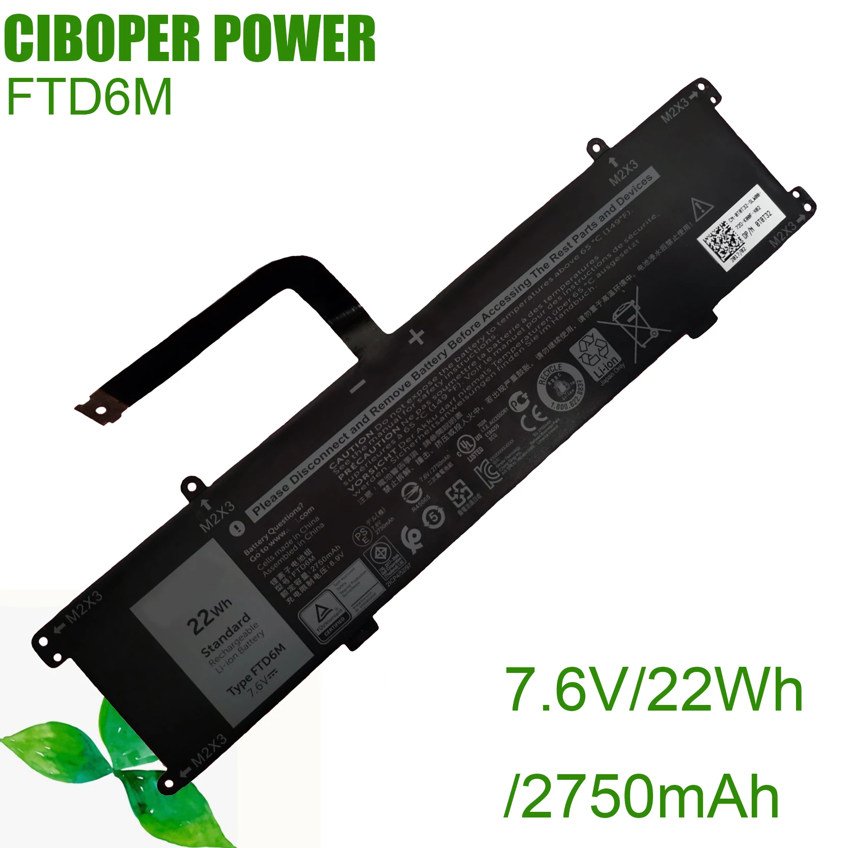 

CP New Laptop Battery FTD6M 06HHW5 K17M-BK-US K17M 7.6V/22Wh/2750mAh For Latitude 7285 2-in-1 Keyboard Base E7285 6HHW5