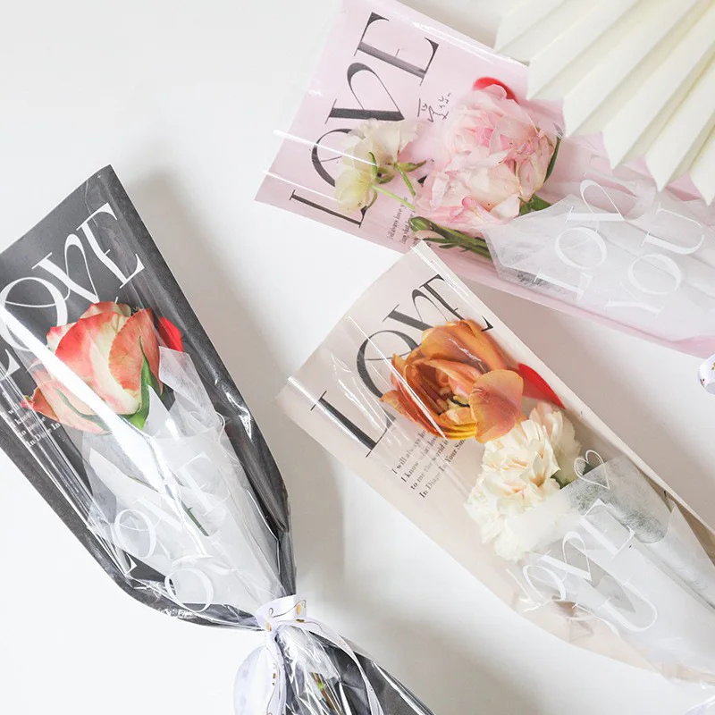 

Transparent Waterproof Rose Bouquet Packaging Bag Anniversary Gift English Printing Flower Shop Supplies 20 Pcs OPP Flower Bag
