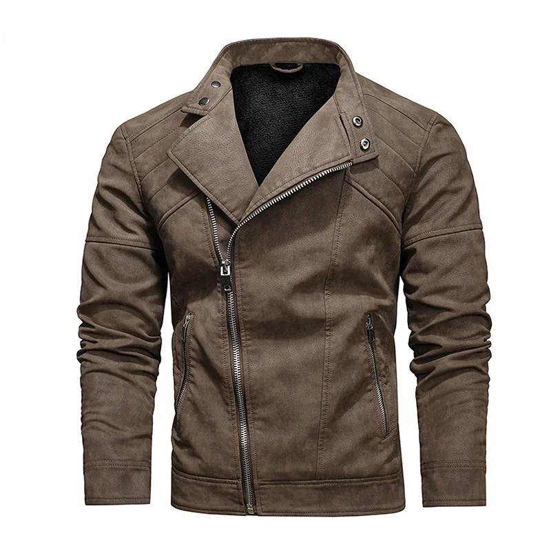 Jacket Men Winter Fleece Warm Diagonal Zipper Motorcycle Coats Mens Fashion New Biker PU Jackets Slim Overcoat