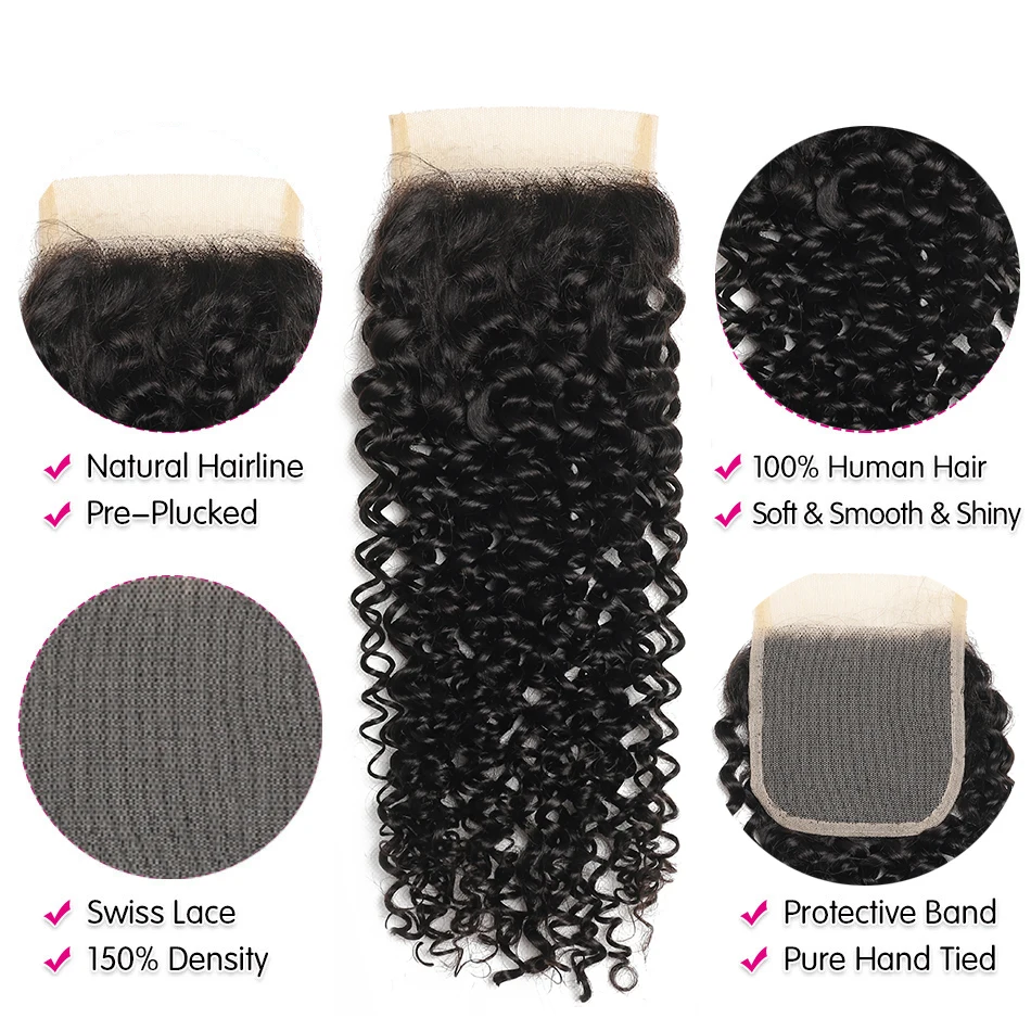 Burmese Kinky Curly Bundles With 4x4 Lace Closure 100% Human Hair Weave 3/4 Pcs Virgin Hair Bundles With Swiss Lace Closure