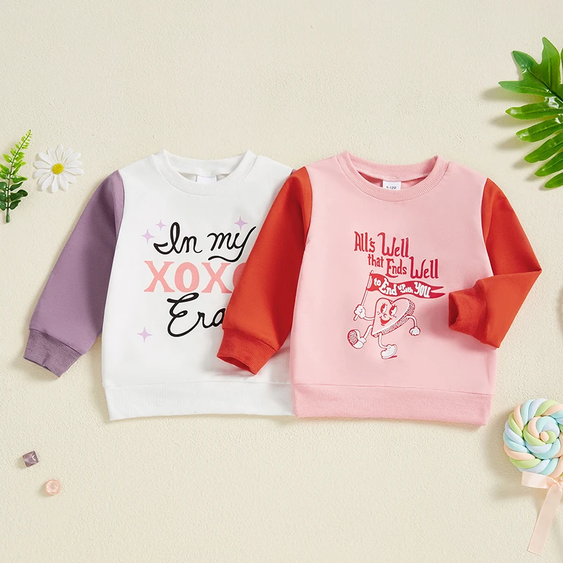 2024-10-16 Lioraitiin Bambine San Valentino Felpe Manica lunga Girocollo Stampa di lettere Pullover di colore a contrasto