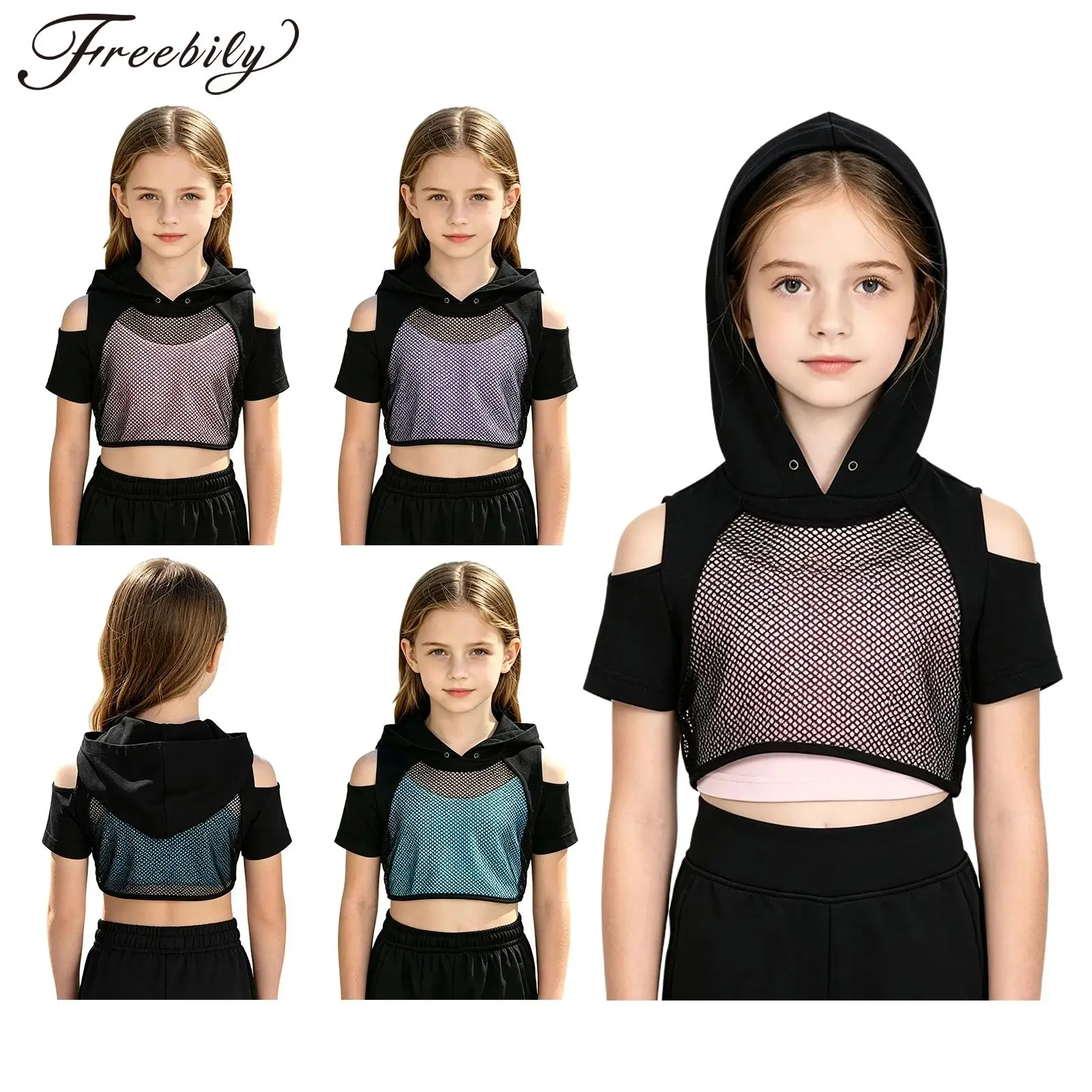 Kids Girls 2pcs Sports Set Sleeveless Short Sleeve Hollow Out Mesh Patchwork Hooded Crop Top with Spaghetti Straps Vest Set