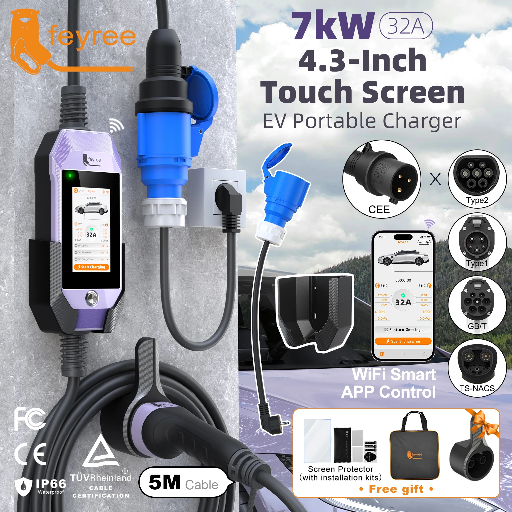 feyree Type2 /Type1 /GBT /TS-NACS 4.3 بوصة تعمل باللمس شاحن EV 32A 7kW 1P شاحن محمول التطبيق الذكي WiFi التحكم لسيارات EV