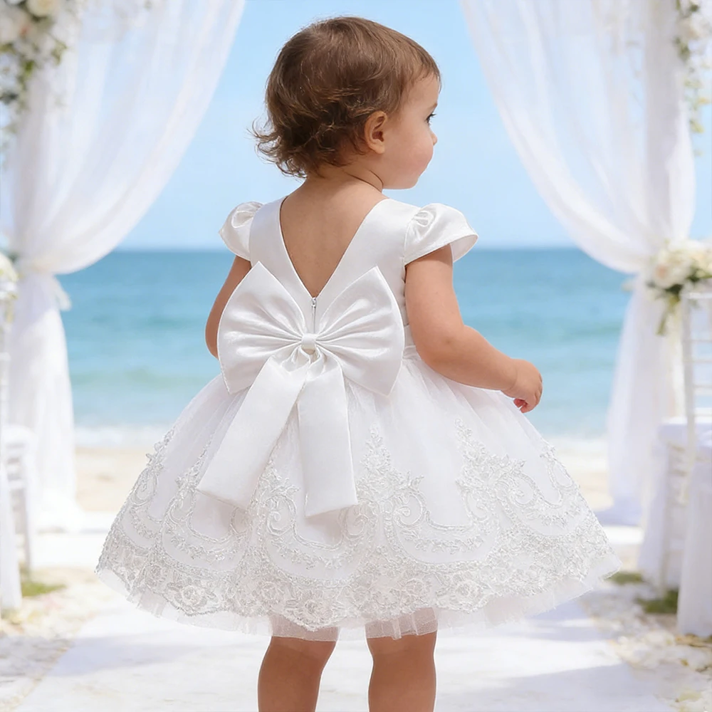 

Flower Girl Wedding Dress for 1st Birthday White Dress Gown Baptismal Costume Baby Girl Clothes Tulle Lace Princess Dress