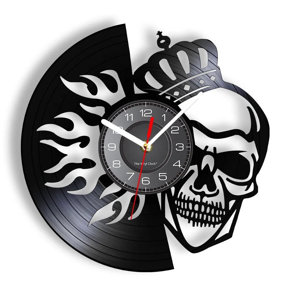 

Skull with Crown On Fire Wall Art Wall Clock Halloween Royal Skull Crown Vinyl Record Wall Clock King Skeleton Decorative Clock