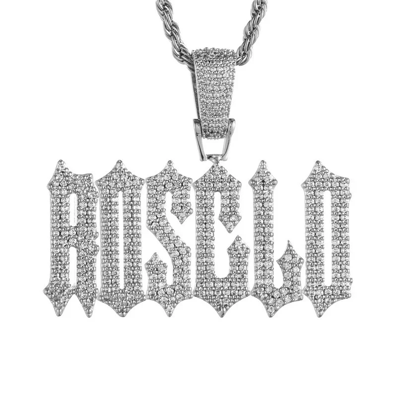 TopBling Custom Chain Name Cubic Zircon Brush Cursive Iced Out  Letters Chain Pendants&Necklaces For Men Jewelry With Solid Back