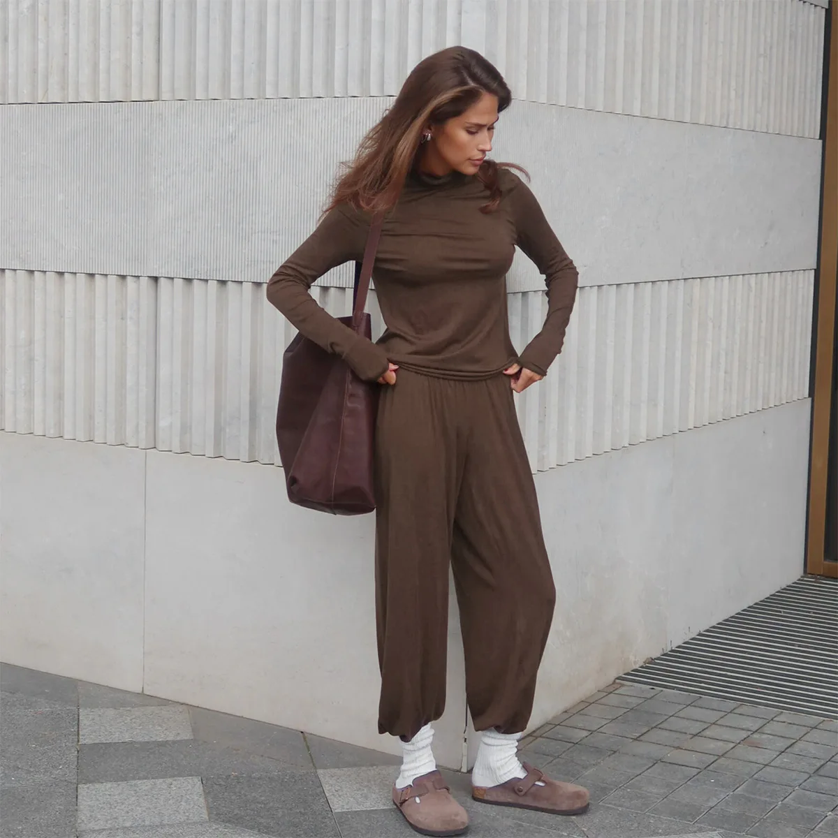 Women Fashion Comfort High Neck Knit Long Sleeve T Shirt Skinny Pants Set Fall Winter 2-piece Set