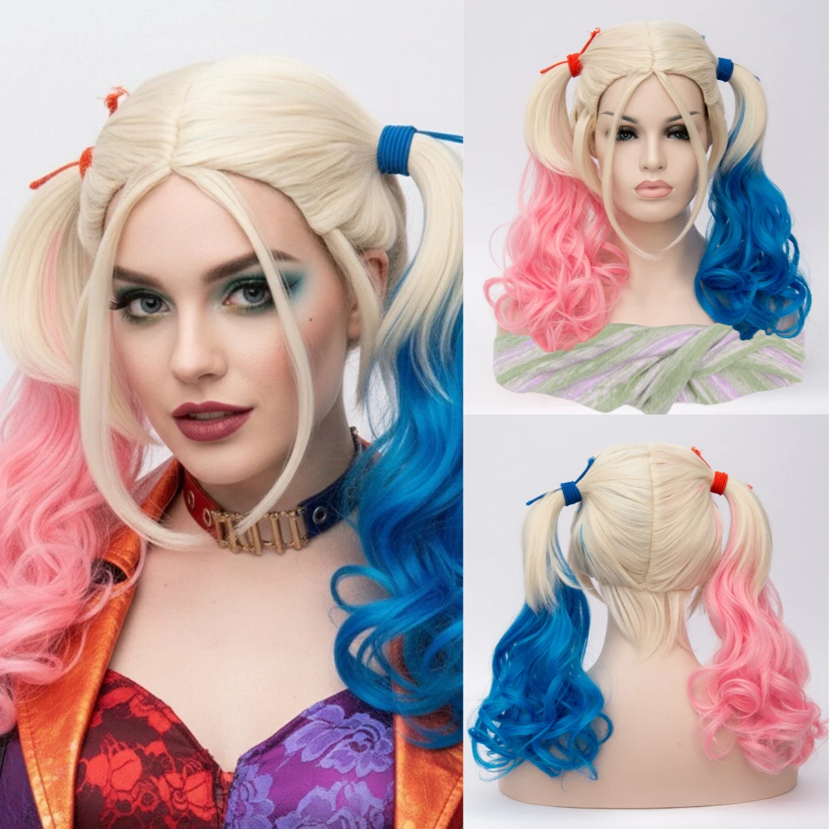 Cosplay Wig Pink Ombre Blue Blonde Synthetic Wavy Layered Wig Middle Part Fluffy Wig For Daily Party Heat Resistant