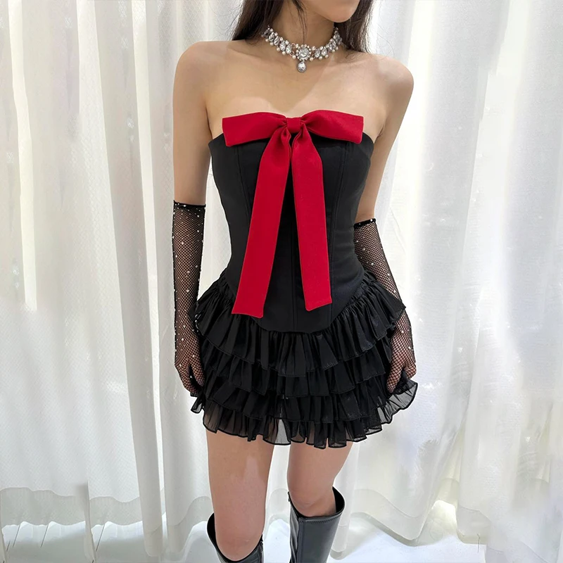 Y2K Bow Applique Mesh Pleated Mini Dress Aesthetic Retro Strapless Bandage Backless Dresses Sexy Birthday Party Dress