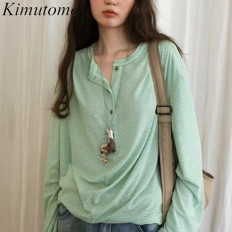 

Kimutomo Women T Shirts Striped Autumn Winter Loose Long Sleeve Button Fashion Y2k Aesthetic Harajuku Tops Ladies Casual