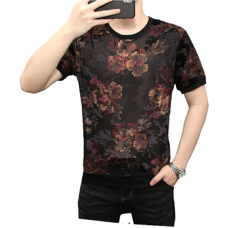 Summer Fashion Flocking Flower T-shirts Men Short Sleeve Round Necked T Shirt Elastic Breathable Casual Business T-shirt M-4XL