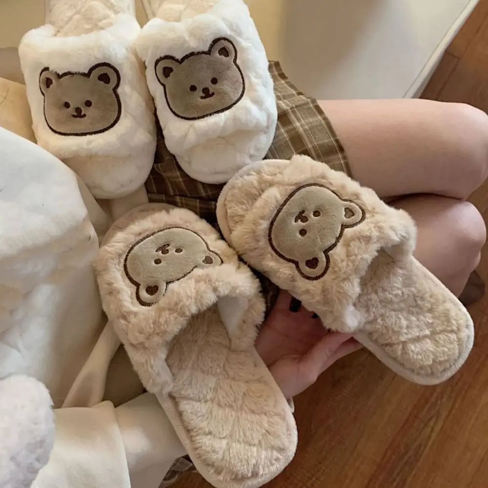 Warme Fuzzy Plüschbär Hausschuhe Gitter Cartoon Casual Hausschuhe Winter Bequeme rutschfeste flache Plüschschuhe für den Innenbereich