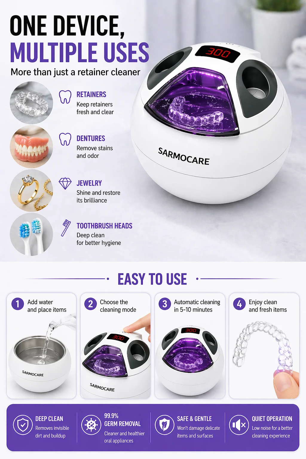 Dentaler Ultraschall-Zahnspangenreiniger 45kHz mit Digitaltimer 200ML für Zahnprothesen, Mundschutz, Zahnspangen und Zahnbürsten – Detail 4