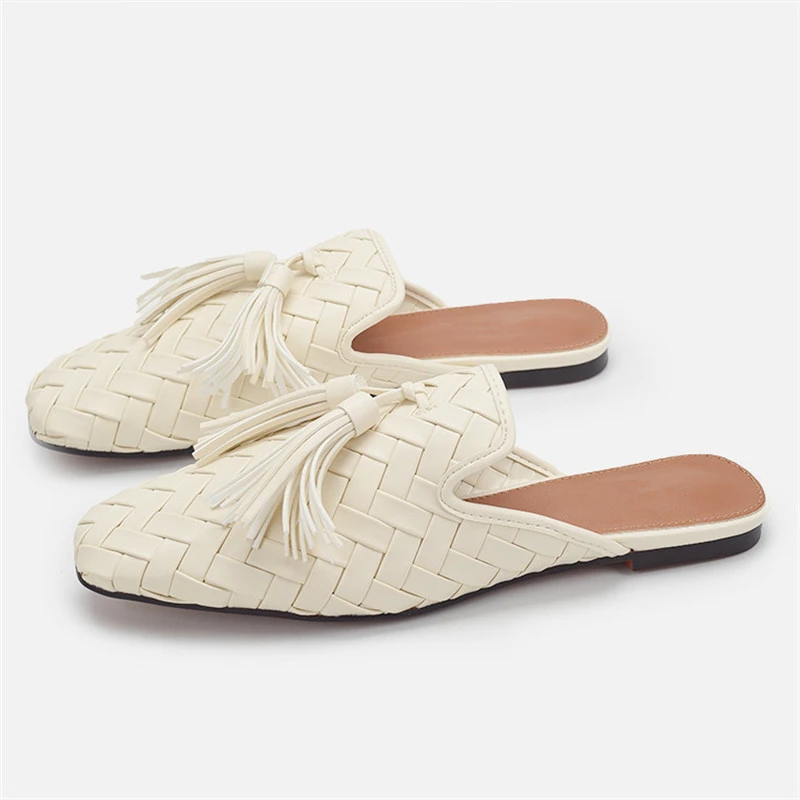 Fringed Slippers Women 2024 Braided Flat Shoes Square Toe Tassels Sandals Hollow Out Ladies Mules Comfortable Beach Slides