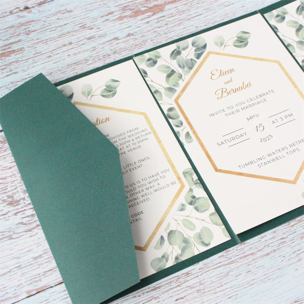 Dark Green Invitation Card Matte Pape 250g Wedding Celebration Party Quarter Fold Envelop Personalized Printing 50 Sets