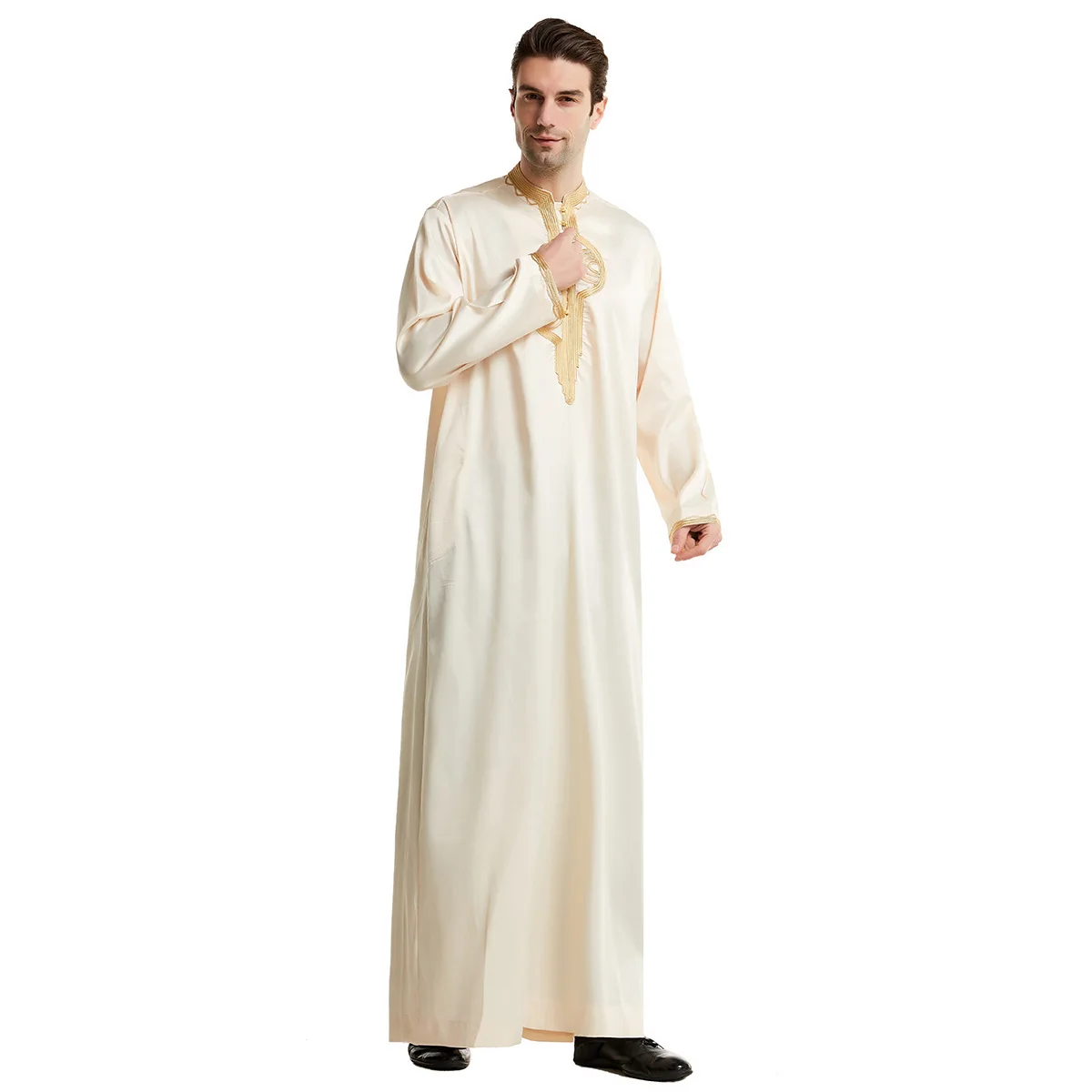 Uomo musulmano manica lunga vestito Daffah Thobe Jubba arabia saudita Thoub caftano abbigliamento islamico Robes Abaya Dubai medio oriente