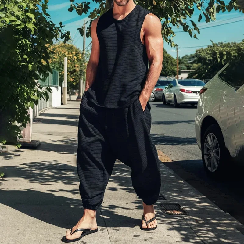 

Man Summer Two Piece Set Sleeveless Tank Vest with High Waisted Wide Leg Pants Lightweight Outfit Stretchy Casual Wear Beige